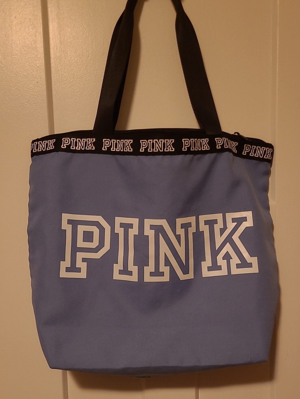 PINK Victoria's Secret Light Blue Logo Tote with Black Handles